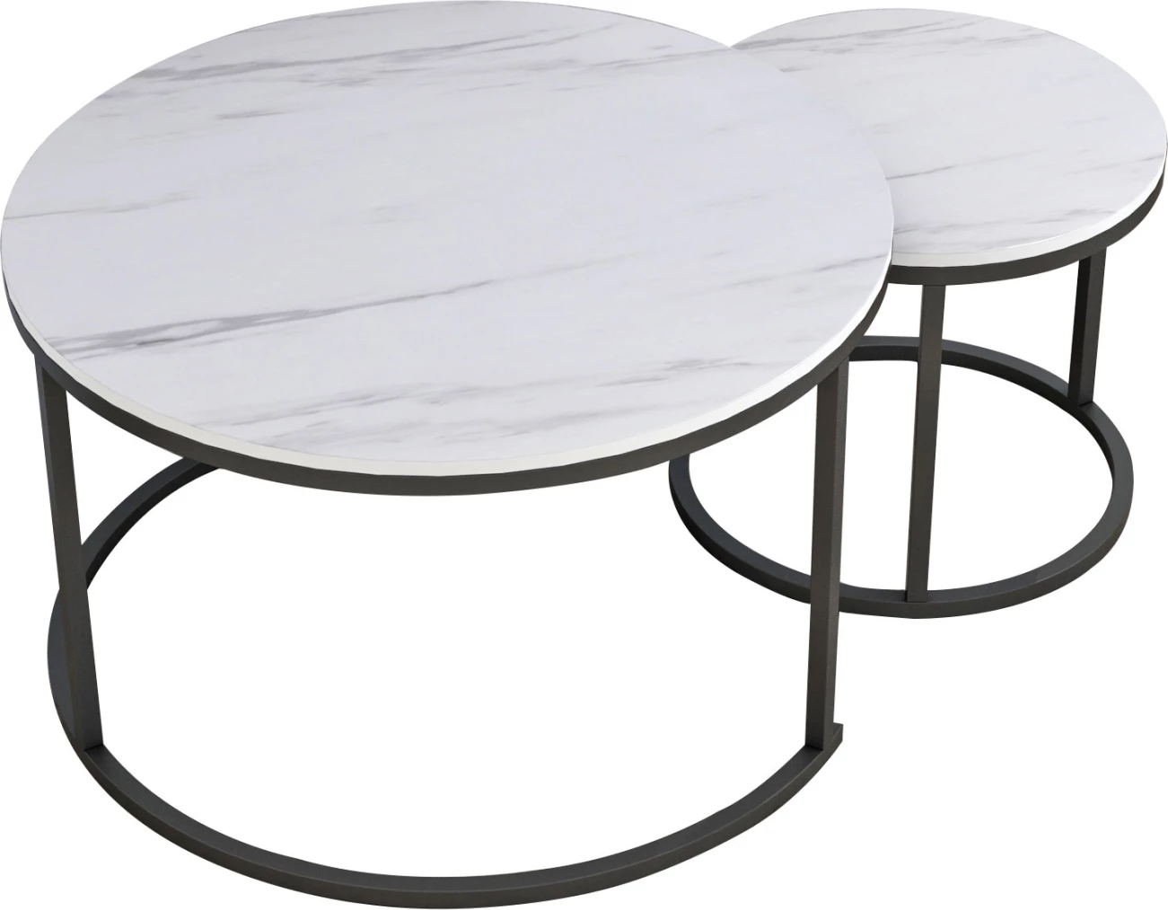 Komplet klubske mizice 2 kosa MDF videz belega marmorja črne noge Φ80x48cm.FH8763.12