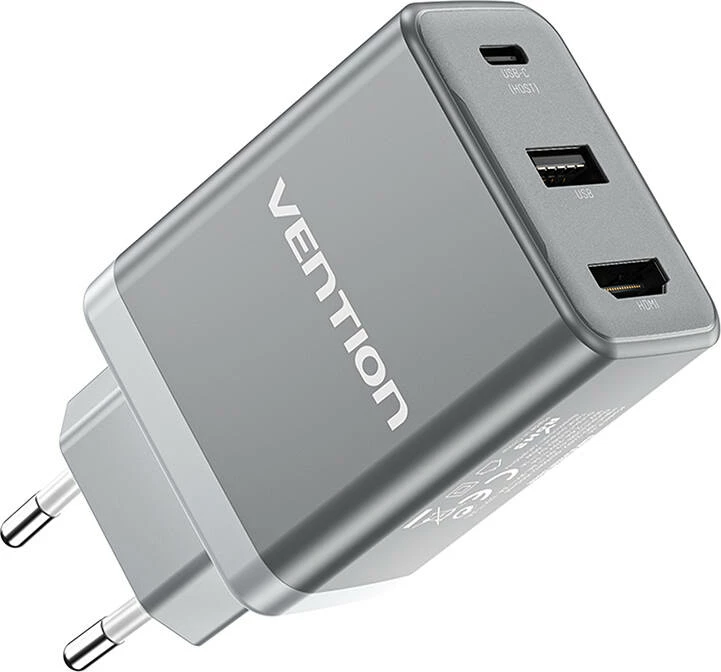 Hitri polnilec 65W GaN z USB-C, USB-A in HDMI, Vention FJAH0-EU, sivi