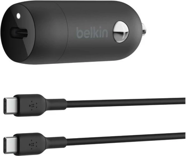 Kompakten avtomobilski polnilec Belkin BoostCharge 30W PD PPS z 1 m USB-C kablom, črn