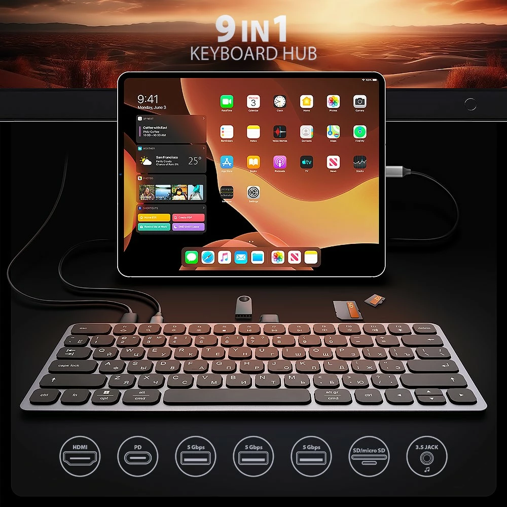 Tipkovnica z USB-C hub 9-v-1, cirilična postavitev, 60 cm, siva, AXAGON HMC-KB-CRL Tipkovnica z USB-C hub 9-v-1, cirilična postavitev, 60 cm, siva, AXAGON HMC-KB-CRL