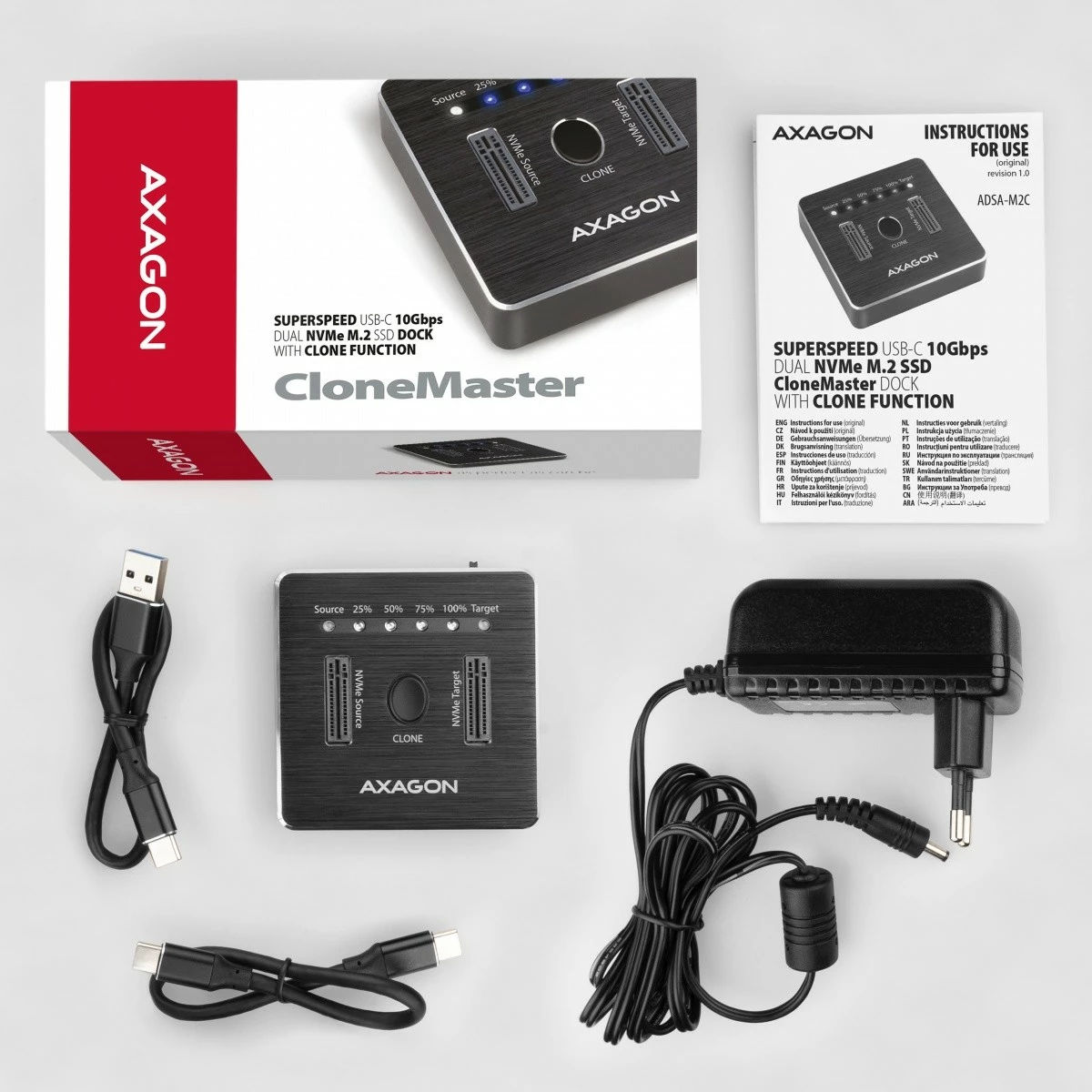 Dokacijska postaja za 2x NVMe M.2 SSD, USB-C 3.2 Gen 2, črna, AXAGON ADSA-M2C Dokacijska postaja za 2x NVMe M.2 SSD, USB-C 3.2 Gen 2, črna, AXAGON ADSA-M2C