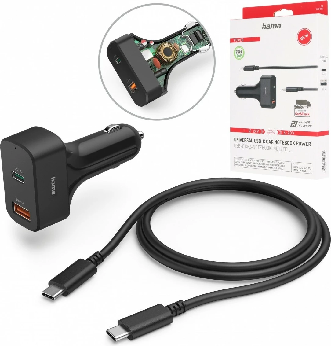 Avto polnilec Hama 200018, 65 W, USB-C in USB, 1,5 m, črn