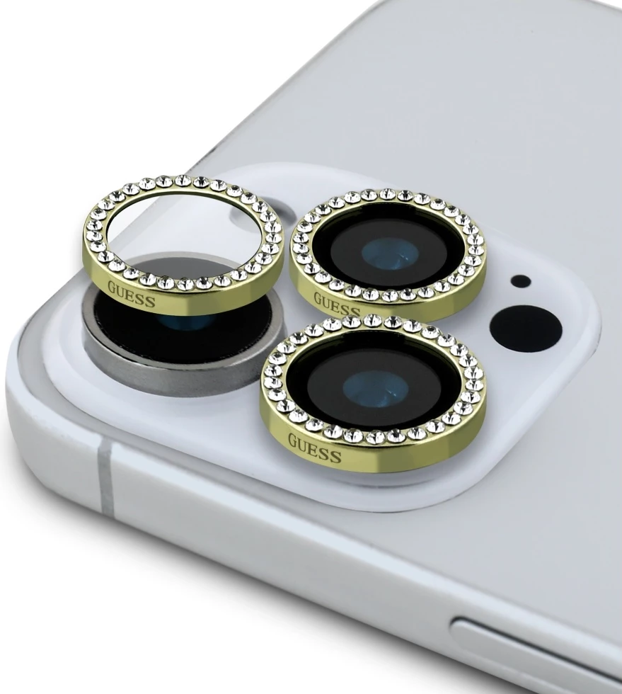 Zaščitno steklo in zaščita kamere 2v1 Guess BP Rhinestone za iPhone 16 Pro Max, zlato