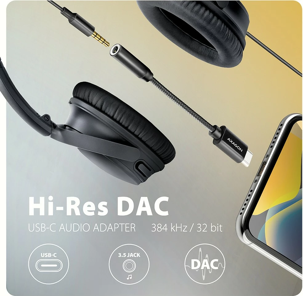 Zunanja zvočna kartica USB-C na 3,5 mm, DAC 32-bit/384 kHz, črna, AXAGON ADA-HC Zunanja zvočna kartica USB-C na 3,5 mm, DAC 32-bit/384 kHz, črna, AXAGON ADA-HC