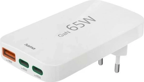 65W GaN polnilec Hama, 2× USB-C, 1× USB-A, bel
