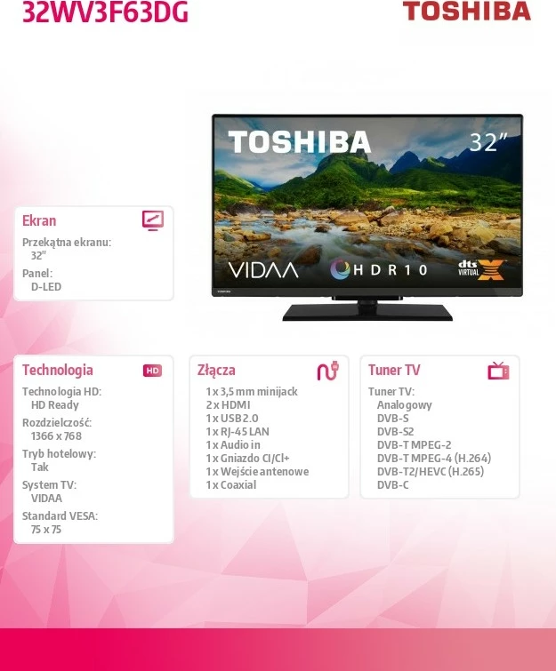LED televizija 32", Smart TV Toshiba 32WV3F63DG, HDR10, WiFi, črna