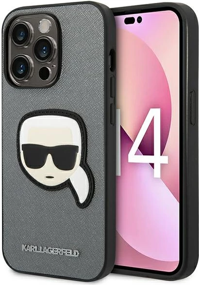 Ovitek za iPhone 14 Pro 6,1" Saffiano Karl's Head Patch, Karl Lagerfeld KLHCP14LSAPKHG, srebrn