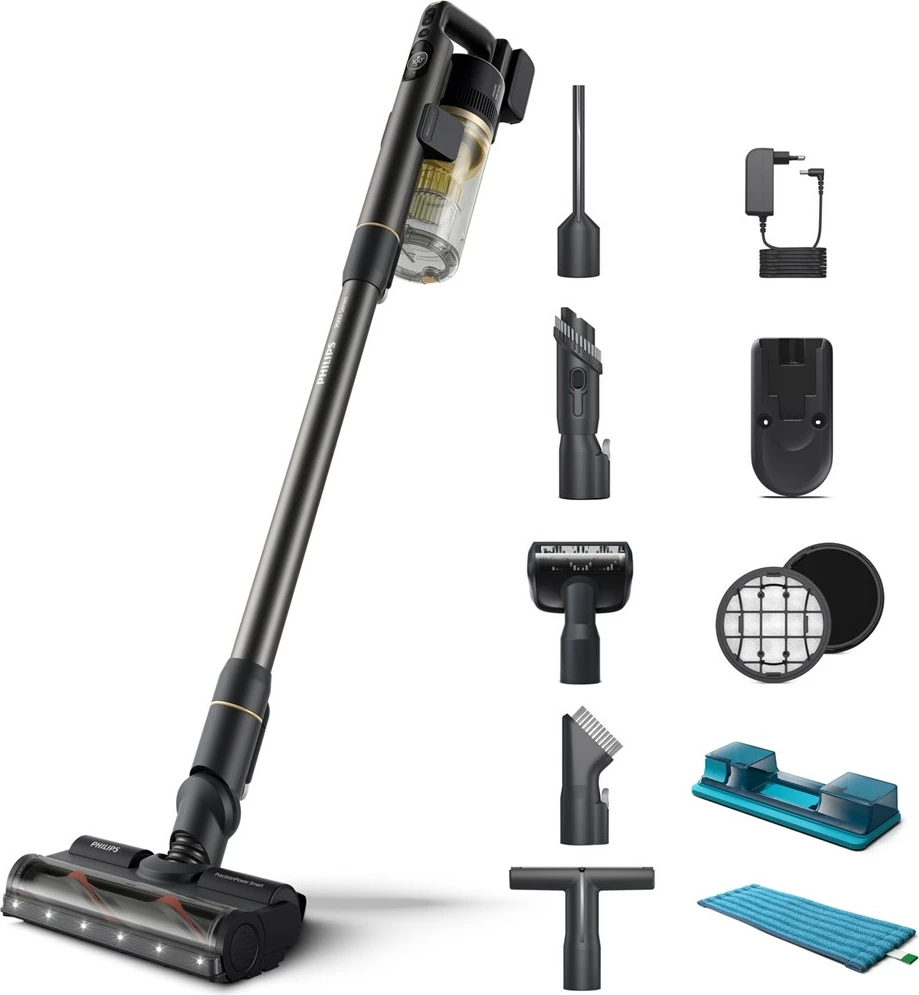 Brezžični pokončni sesalnik za suho in mokro čiščenje, Philips 7000 series Aqua XC7057/01, 0,6 L, Li-Ion, črn