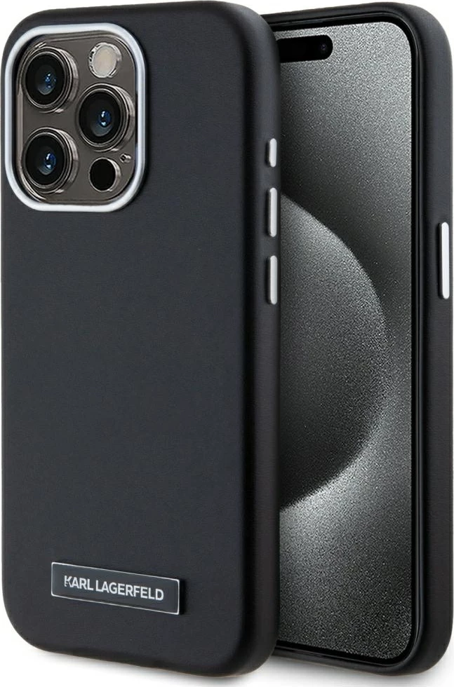 Ovitek za telefon Karl Lagerfeld FW Metal Plate MagSafe za iPhone 15 Pro Max, črn