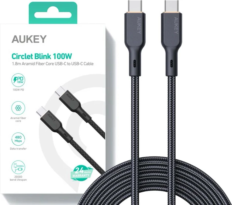 Kabel USB-C na USB-C, 1,8 m, 100 W, Kevlar, črn — AUKEY CB-KCC102