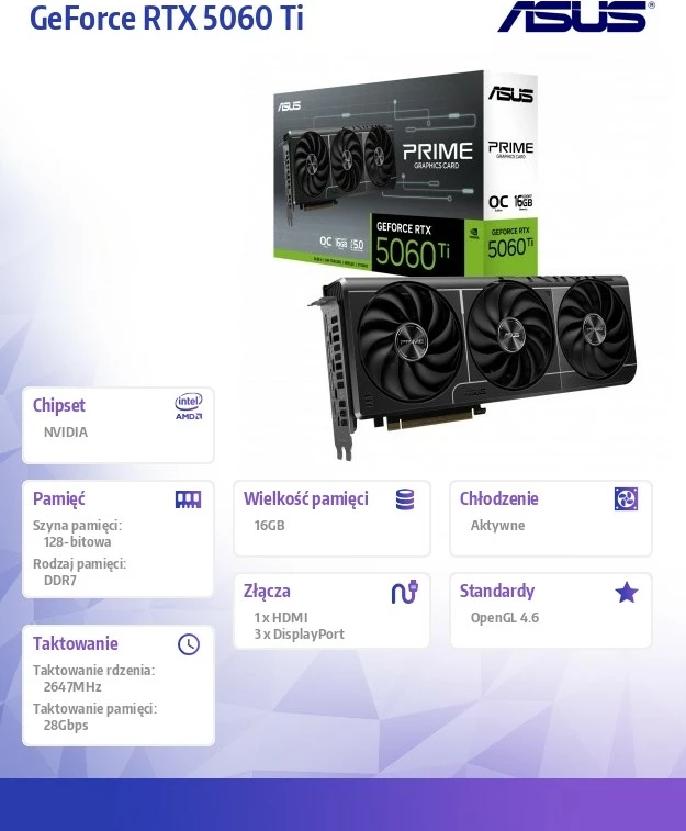 Grafična kartica GeForce RTX 5060 Ti Prime OC, Asus, 16GB GDDR7, 128-bit, 3x DisplayPort/HDMI, črna