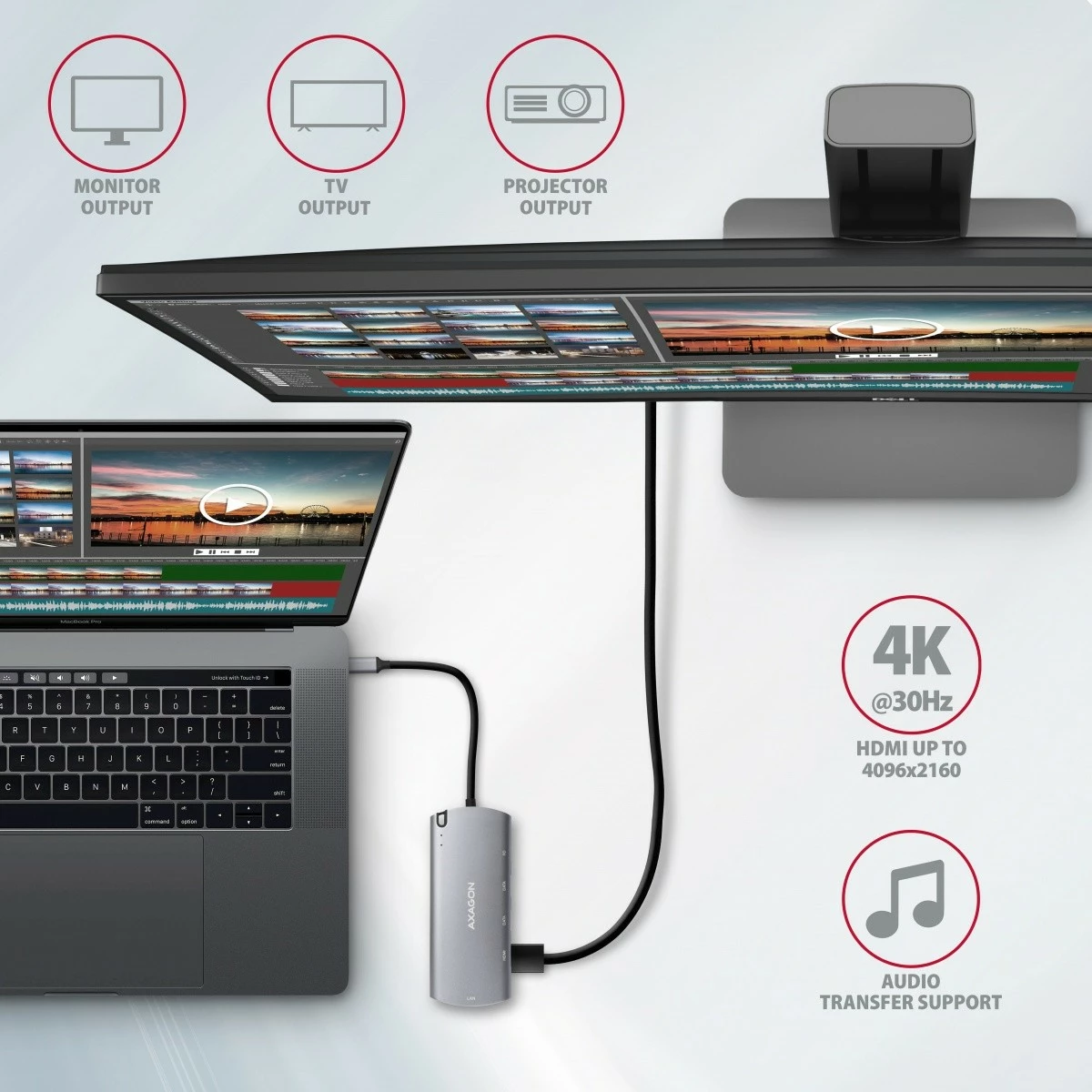 Multifunkcionalen hub 6‑v‑1 AXAGON HMC-6M2, USB-C 3.2 Gen 1, režo M.2 SATA, HDMI, GLAN, 2x USB-A, PD 100W, siva