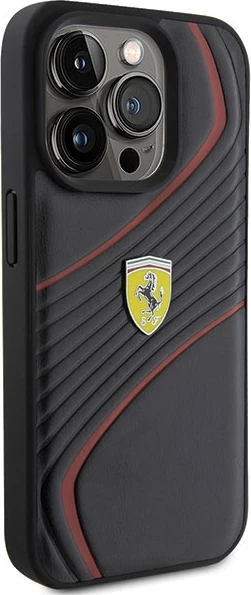 Ovitek za telefon Twist z metalnim logotipom Ferrari za iPhone 15 Pro, črn