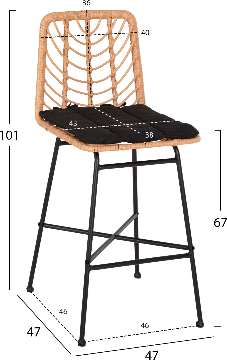 Barski stol srednje višine GERALD FH5707.11 kovina in blazina v črni barvi - pletenje v bež 47x47x101H cm