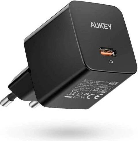Kompakten stenski polnilec AUKEY PA-Y20S, 20 W, 1x USB-C, črn
