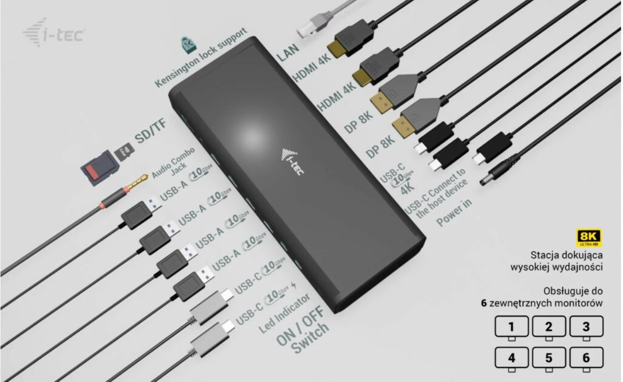 Universalen docking station i-tec CA6MONITORDOCKPD, 6x 4K/60Hz, 140W, črn
