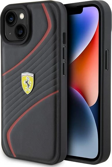 Ovitek za telefon za iPhone 15 6,1\", Twist kovinski logotip, črn - Ferrari FEHCP15SPTWK