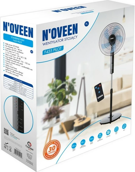 Stoječi ventilator 16"/40 cm, črn, N'OVEEN F455