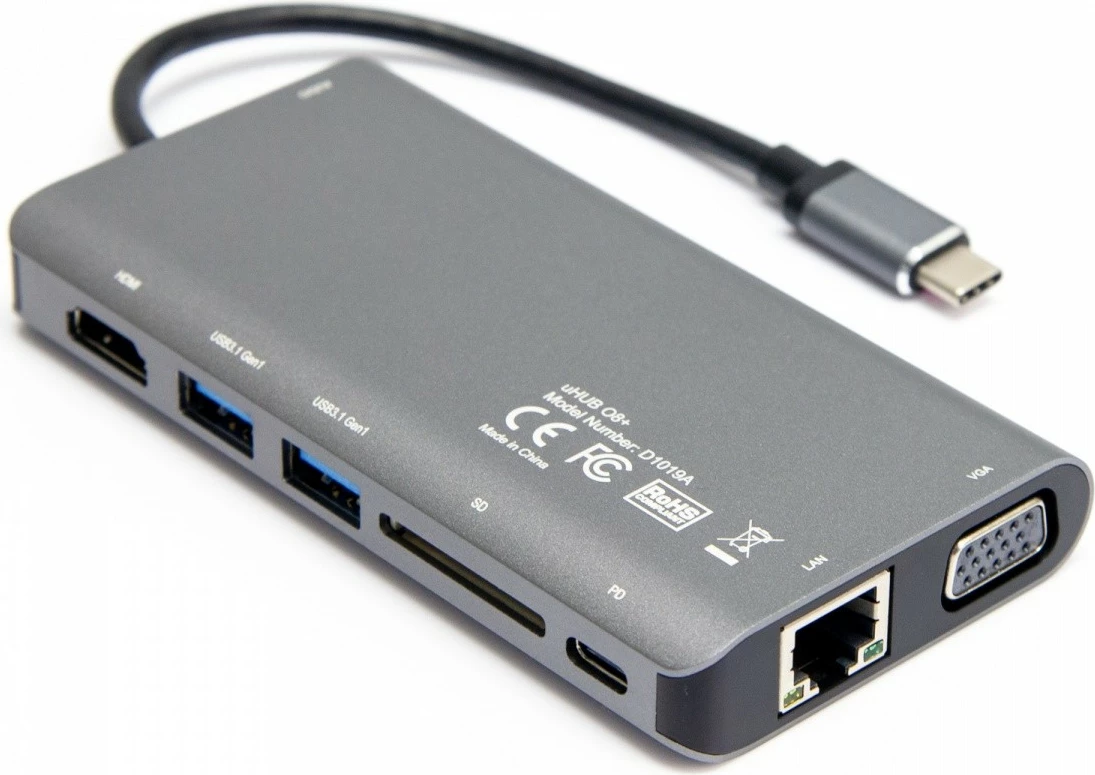 Razširitveni hub USB-C 8-v-1, Unitek D1019B, HDMI, VGA, RJ45, SD, PD 100W, siv