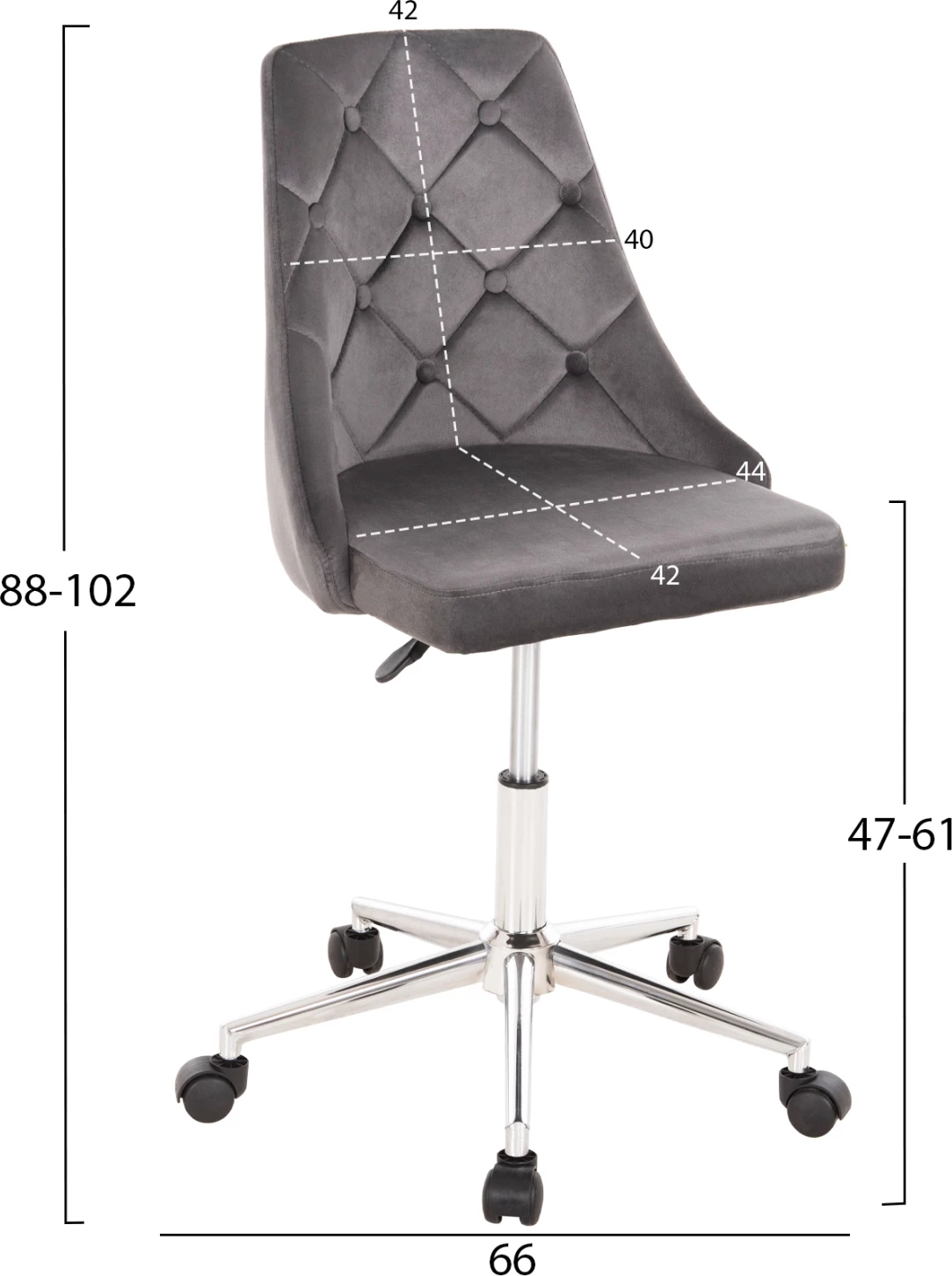 Pisarniški stol HORACE FH9010.01 sivo žametno-kromirano kovinsko podnožje 66x66x88-102Hcm