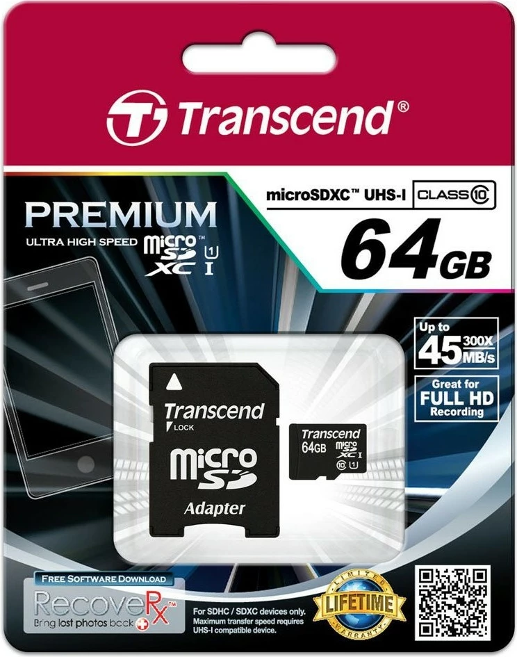 Kartica pomnilnika Transcend microSDXC 64GB, Class 10, UHS-I, z adapterjem, črna