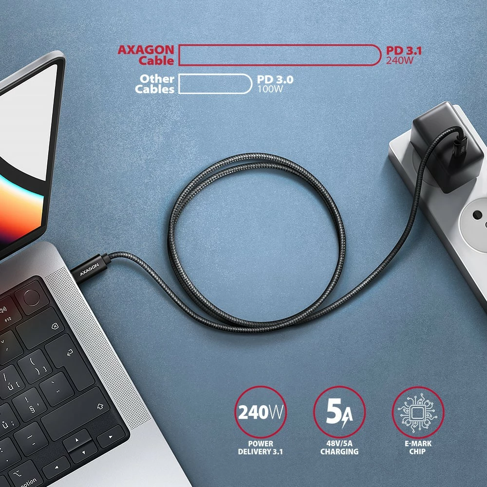 Kabel USB-C na USB-C, 3 m, 240 W, črn AXAGON BUCM2-CM30AB Kabel USB-C na USB-C, 3 m, 240 W, črn AXAGON BUCM2-CM30AB