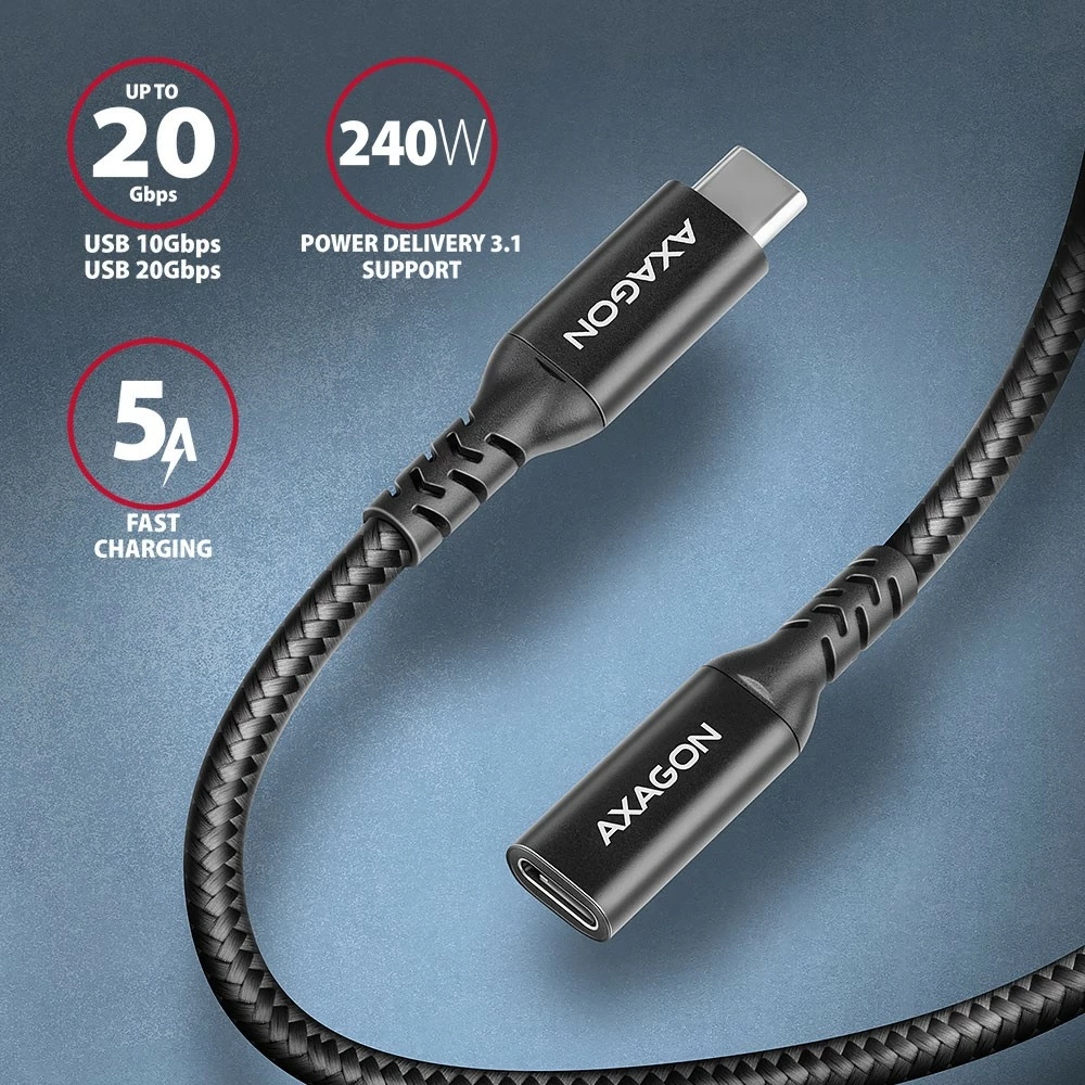 Podaljšek USB-C AXAGON BUCM32-CF05AB, 0,5 m, 20Gbps, 240W, črn Podaljšek USB-C AXAGON BUCM32-CF05AB, 0,5 m, 20Gbps, 240W, črn