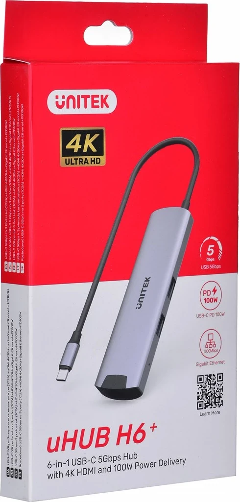 Aktiven USB-C HUB, Unitek H1112F, 5 Gbps, HDMI, RJ-45, PD 100 W, sivi