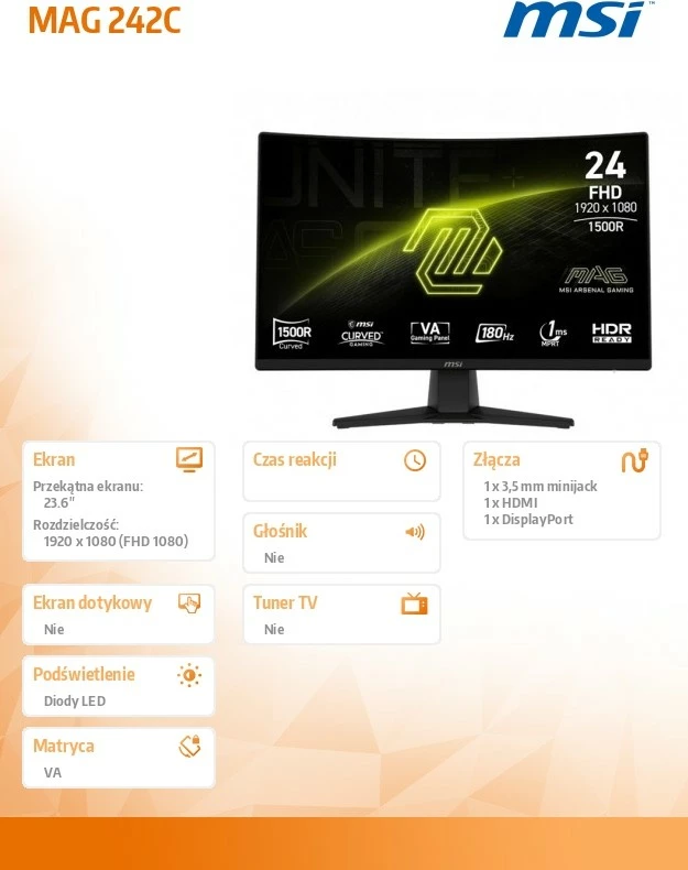 Ukrivljen monitor 23,6", FHD, 180Hz, črn MSI MAG 242C